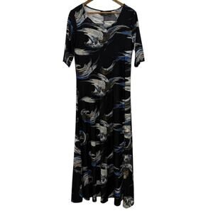 Attitudes by Renee Dress Womens Medium Black Blue Abstract Maxi A-Line Stretch